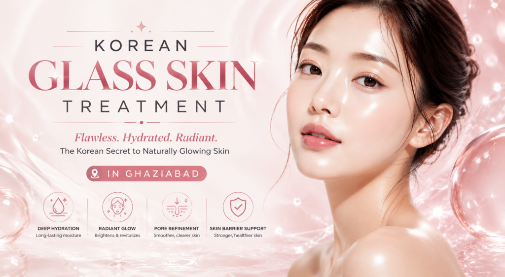 Luxury Korean Glass Skin Treatment promotional poster by Renaissance Clinic Ghaziabad featuring glowing flawless skin, deep hydration, pore refinement, radiant complexion, and advanced skincare treatment with contact number 93133 99990