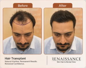 before and after fue hair transplant results showing natural hairline restoration at renaissance clinic india, ghaziabad.