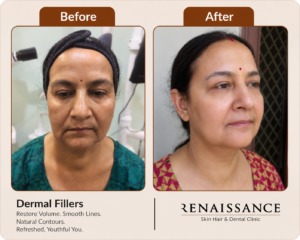 before and after dermal filler treatment showing restored facial volume and smoother skin contours at renaissance clinic