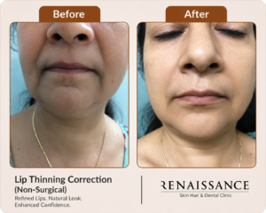 before and after non surgical lip thinning correction with naturally fuller and balanced lips.