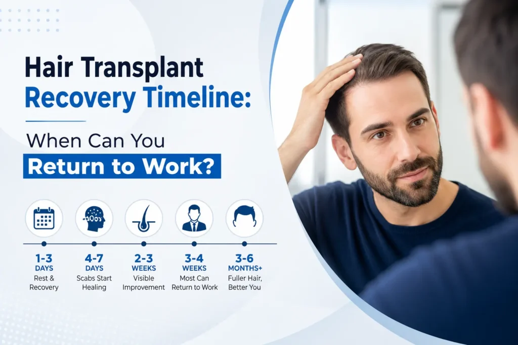 Hair transplant recovery timeline showing healing stages week by week