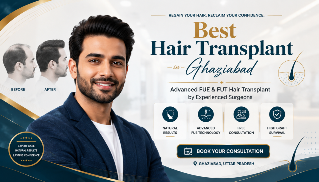 Best Hair Transplant in Ghaziabad banner featuring a confident Indian man with natural hair restoration results, promoting advanced FUE and FUT hair transplant services at Renaissance Clinic with experienced surgeons, free consultation, and high graft survival