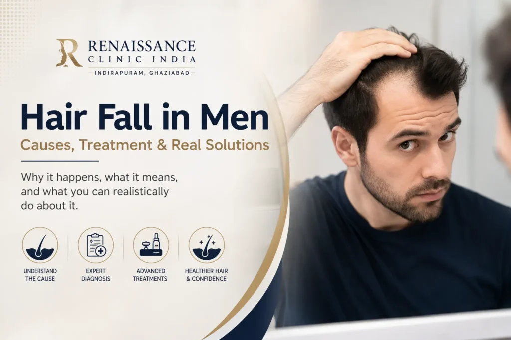 Doctor examining a male patient's scalp to diagnose hair fall in men at Renaissance Clinic India, Ghaziabad